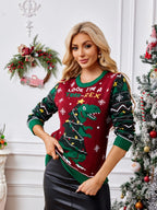 Crewneck Embroidered Sweater – Christmas Tree & Dinosaur