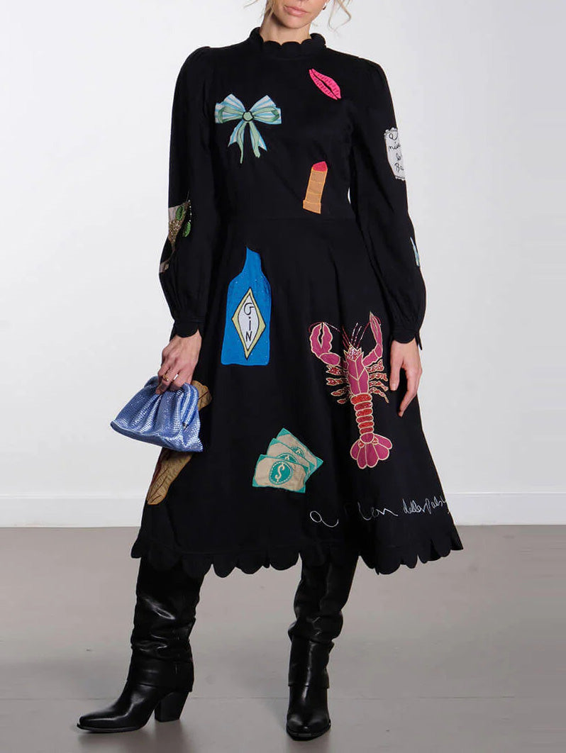 Robe midi à volants en coquille Saint-Jacques avec graffiti de homard