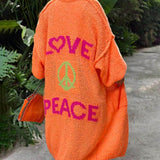 Casual Pocket Large Size Heart Pattern Knit Cardigan