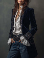 Vintage Navy Polyester Velvet Embroidered Long Jacket