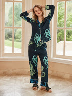 Octopus Print Ice Silk Long-Sleeve Pajama Loungewear Set