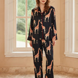 Giraffe Long-Sleeve Ice Silk Loungewear Set - Black