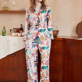 Cute Cat Print Ice Silk Long-Sleeve Pajama Set
