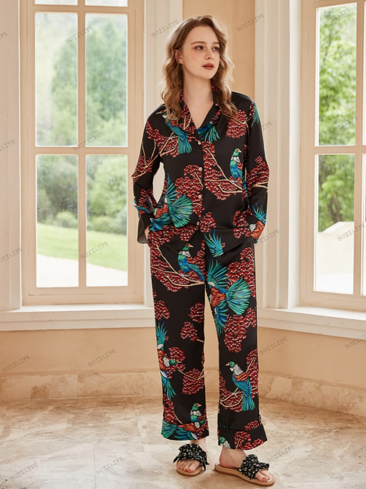 Bird of Paradise Pattern Ice Silk Long Sleeve Pajama Set