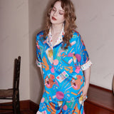 Stationery Print Casual Short-Sleeve Loungewear Set - Blue
