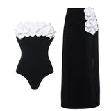 3D Floral Strapless Black Swimsuit