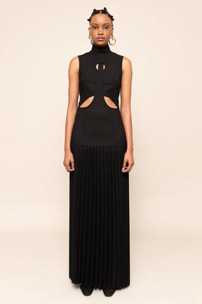 Pleated Cutout Maxi Dress – Bold Elegance in Black