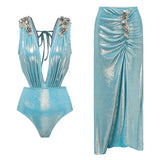 3D Butterfly Blue Glossy Swimsuit Set
