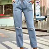 Autumn Drawstring Waist Distressed Denim Pants