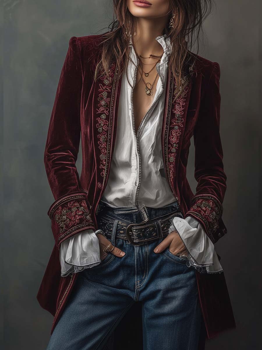 Vintage Navy Polyester Velvet Embroidered Long Jacket