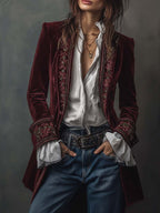 Vintage Navy Polyester Velvet Embroidered Long Jacket