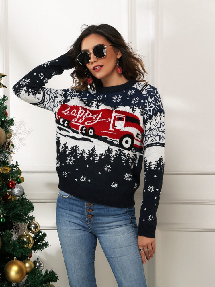 Snowflake and Truck Print Christmas Sweater