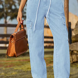 Adjustable Drawstring Washed Denim Cargo Pants
