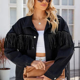 Studded Fringe Black Denim Jacket