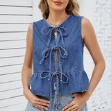 Ruffled Tie-Front Denim Vest Top
