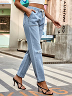 Autumn Drawstring Waist Distressed Denim Pants