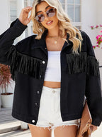 Studded Fringe Black Denim Jacket