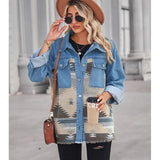 Aztec Geometric Long Denim Patchwork Wool Coat
