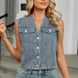 Slim Fit Button-Up Denim Vest Top