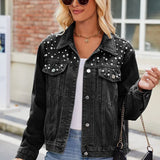 Slim-Fit Pearl-Shoulder Denim Jacket