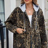 Oversized Leopard Print Hooded Denim Jacket