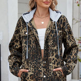 Washed Leopard Print Hooded Denim Jacket
