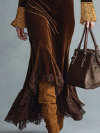 Fashionable Retro Lace Half-Zip Cocoa Brown Velvet Fishtail Dress