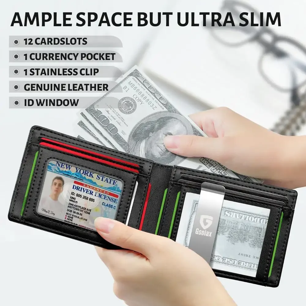 Men's Slim Leather RFID Blocking Wallet - Minimalist Carbon Fiber Bifold