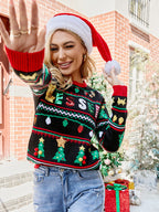 Round Neck Loose-Fit Christmas Embroidery Sequin Knit Sweater