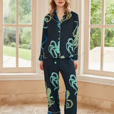 Octopus Print Ice Silk Long-Sleeve Pajama Loungewear Set