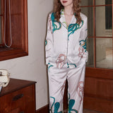Octopus Print Ice Silk Long-Sleeve Loungewear Set - White