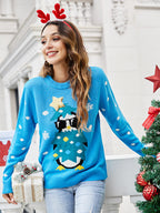 Round Neck Casual Penguin Embroidery Knit Sweater