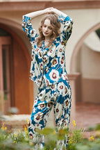 Blue Floral Pattern Long Sleeve Loungewear Set