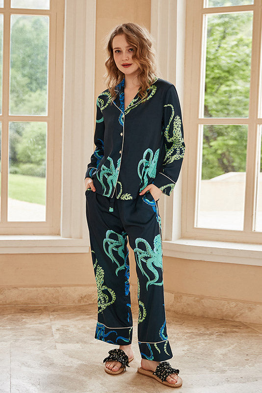 Bow Pattern Pajama Set-Black