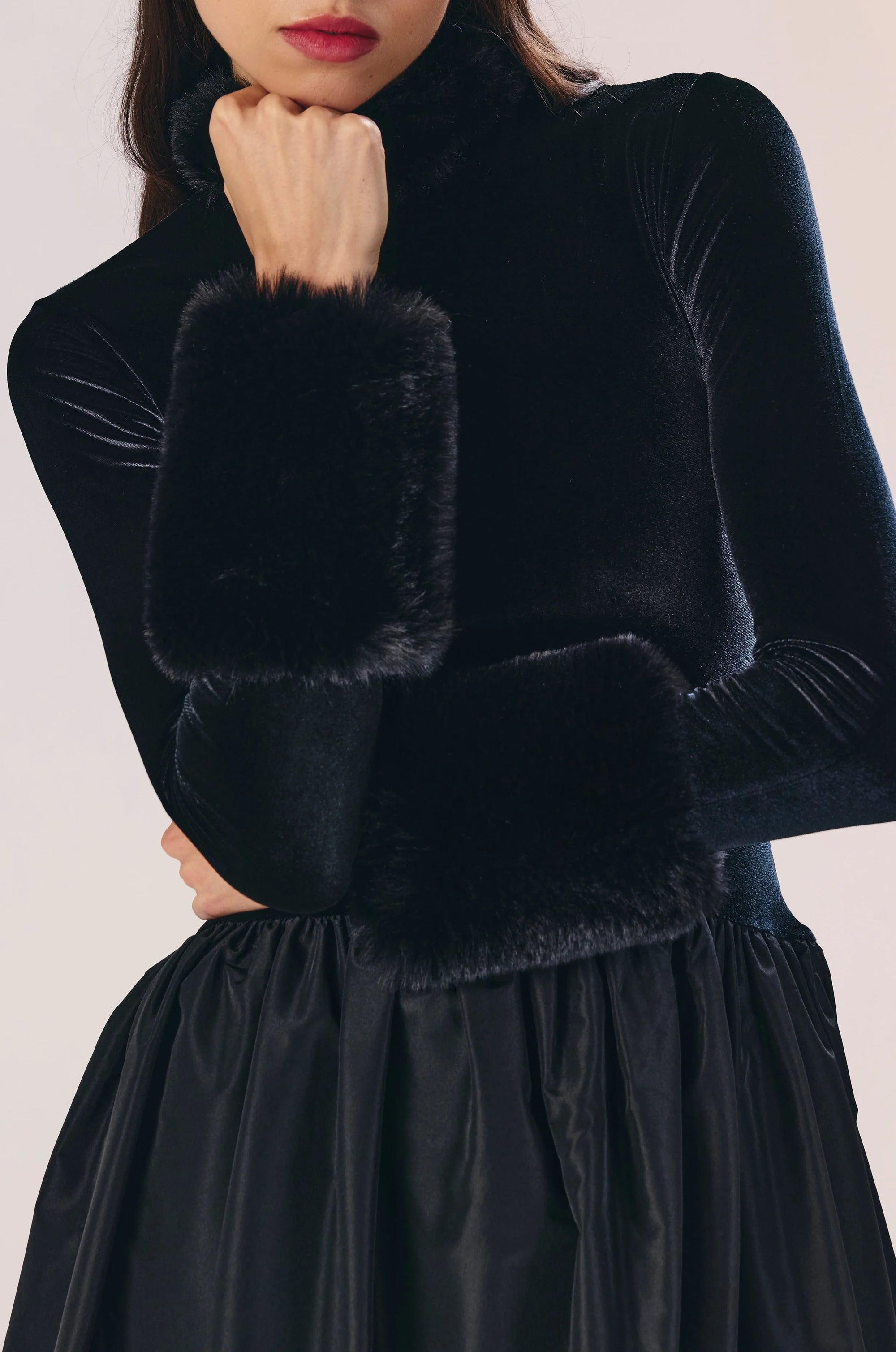 Opulent Velvet Satin Fur-Cuff Midi Dress