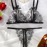 Sexy Floral Lace Exposed Breast Bra and Crotchless Thong Panty Set