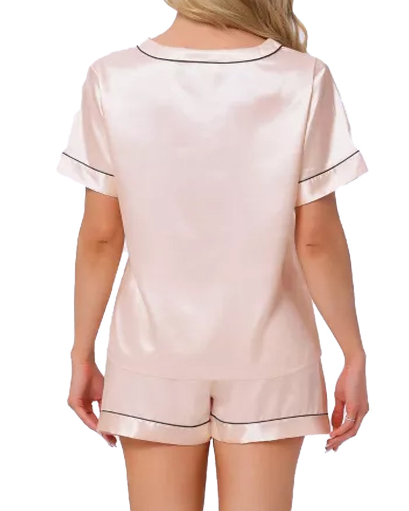 Women's Summer V-neck Short Sleeve Top and Shorts Soft Ice Silk Pajamas Home Set