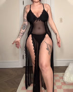 Sexy Suspenders See-Through Lace Mesh Long Slits With Panties Pajamas Set