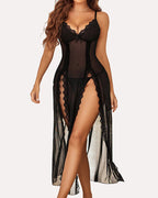 Sexy Suspenders See-Through Lace Mesh Long Slits With Panties Pajamas Set