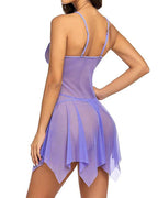 Women's Deep V Sexy Lace Mesh Irregular Hem Suspender Nightdress and Thong Set