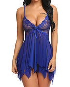 Women's Deep V Sexy Lace Mesh Irregular Hem Suspender Nightdress and Thong Set