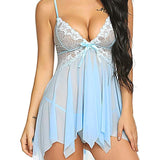 Women's Deep V Sexy Lace Mesh Irregular Hem Suspender Nightdress and Thong Set