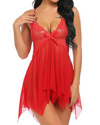 Women's Deep V Sexy Lace Mesh Irregular Hem Suspender Nightdress and Thong Set