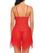 Women's Deep V Sexy Lace Mesh Irregular Hem Suspender Nightdress and Thong Set