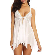 Sexy Deep V Lace Translucent Mesh Front Button Suspender Nightdress and Thong Set