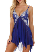 Sexy Deep V Lace Translucent Mesh Front Button Suspender Nightdress and Thong Set