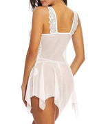 Sexy Deep V Lace Translucent Mesh Front Button Suspender Nightdress and Thong Set