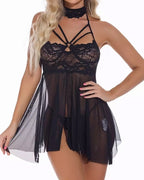 Sexy Lace Mesh Front Slit Camisole Nightdress With Neck Cover and Thong Set