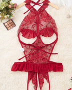 Women's Sexy Hollow Backless Transparent Floral Lace Open Crotch Design Bodysuit