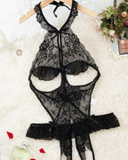 Women's Sexy Hollow Backless Transparent Floral Lace Open Crotch Design Bodysuit